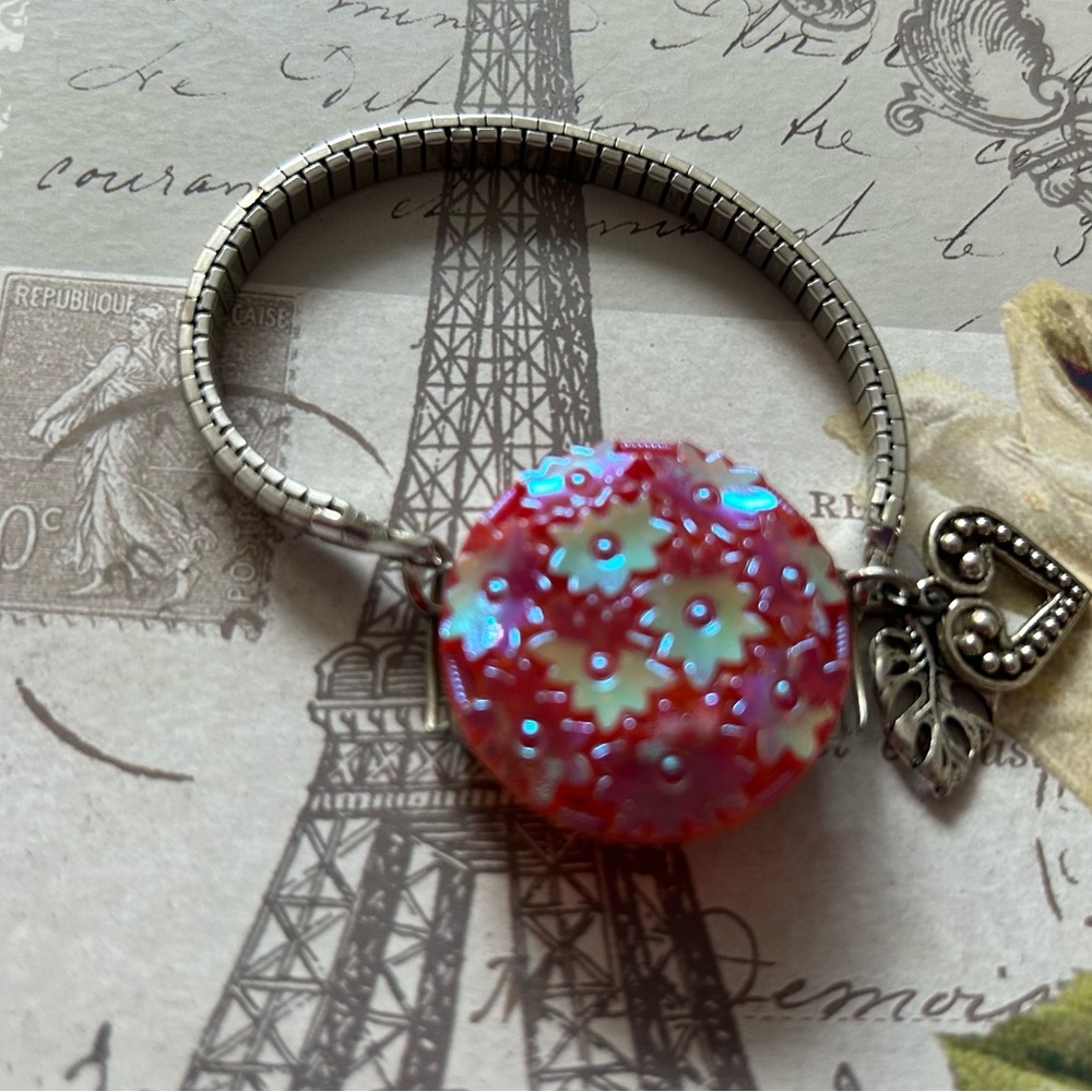 VINTAGE GLASS BUTTON AND stretch WATCH BAND repurposed into BRACELET